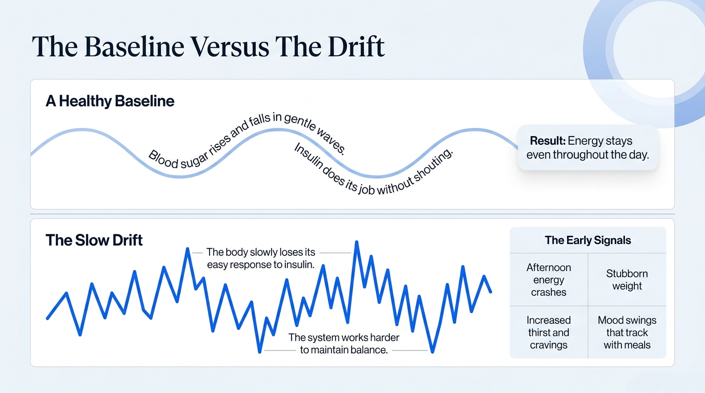 The baseline versus the drift, showing healthy blood sugar waves compared to the slow drift toward insulin resistance