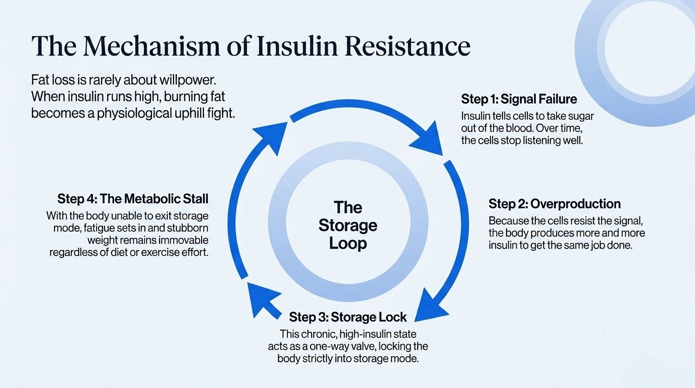 The mechanism of insulin resistance shown as a storage loop, from signal failure to overproduction to the metabolic stall