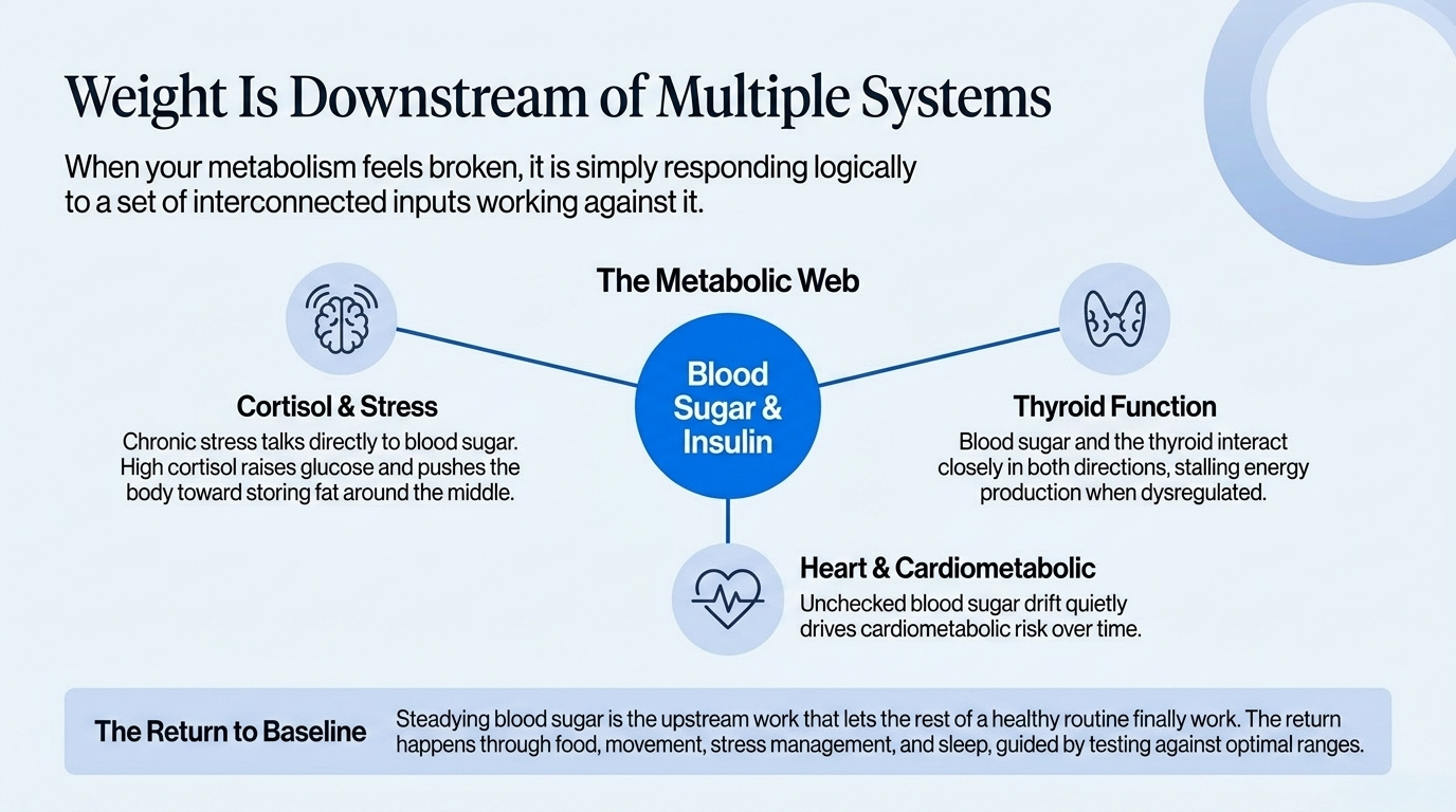 The metabolic web showing how cortisol, thyroid, and heart health connect to blood sugar and weight
