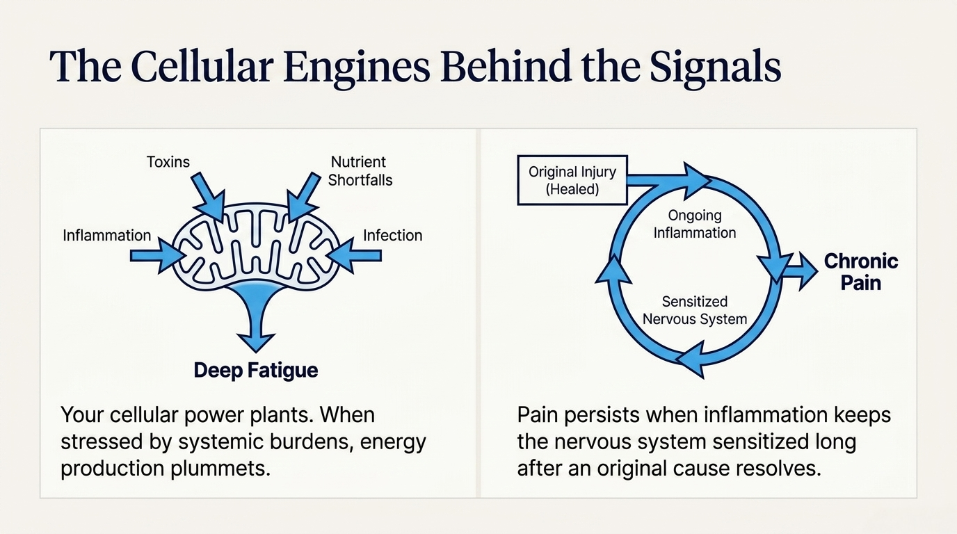 Stressed mitochondria drive deep fatigue while ongoing inflammation and a sensitized nervous system sustain chronic pain