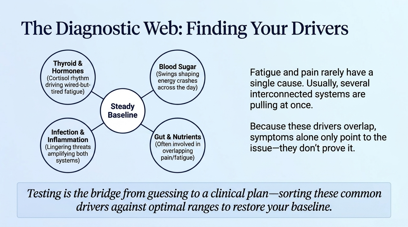 The diagnostic web of thyroid, blood sugar, infection, and gut drivers that connect to a steady baseline