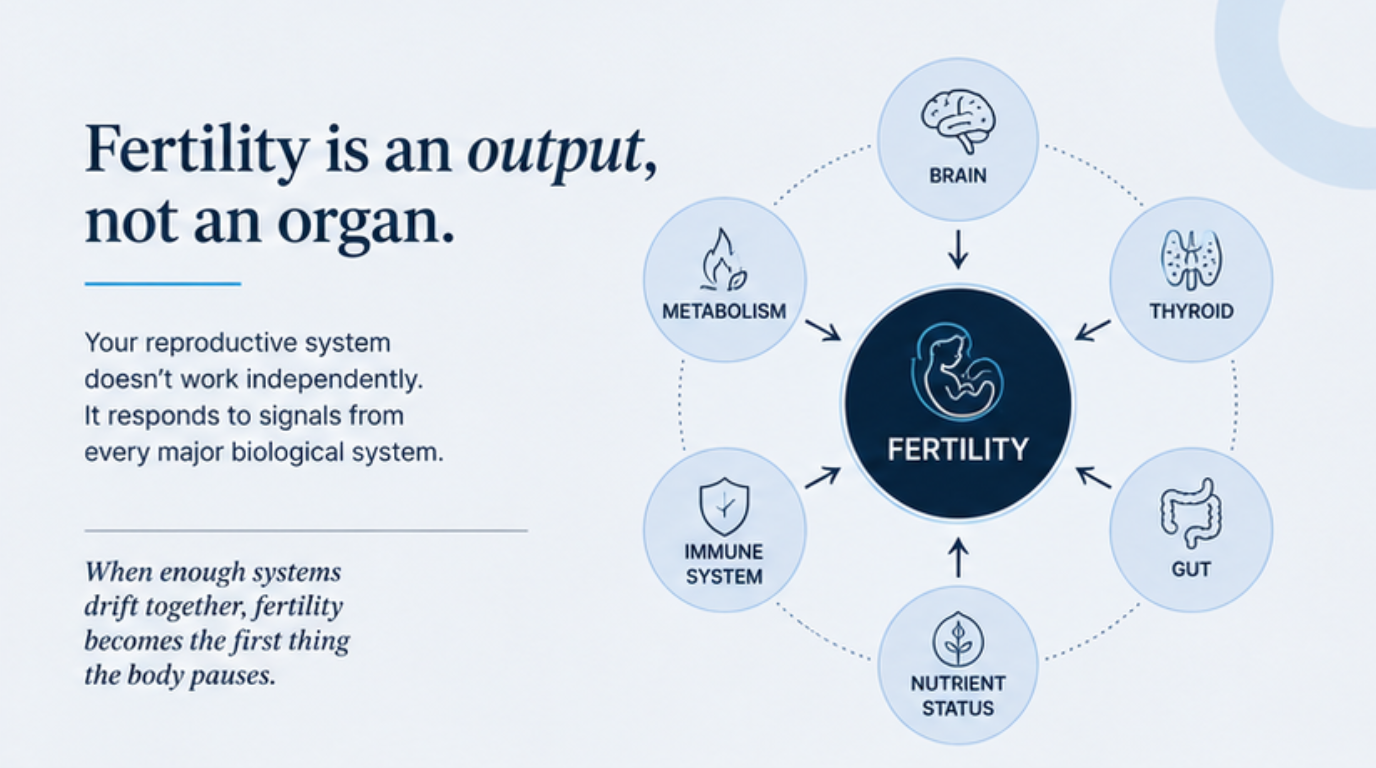 Fertility is an output, not an organ: the reproductive system responds to signals from the brain, thyroid, metabolism, immune system, gut, and nutrient status