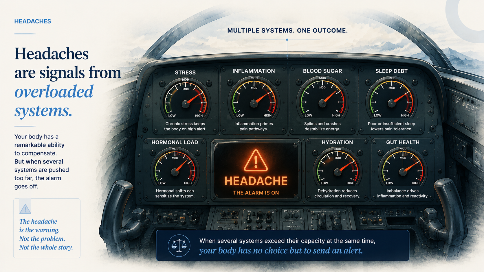 Headaches are signals from overloaded systems: stress, inflammation, blood sugar, sleep debt, hormonal load, hydration, and gut health all feed the alarm