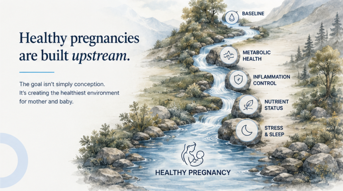 Healthy pregnancies are built upstream through baseline health, metabolic health, inflammation control, nutrient status, and stress and sleep