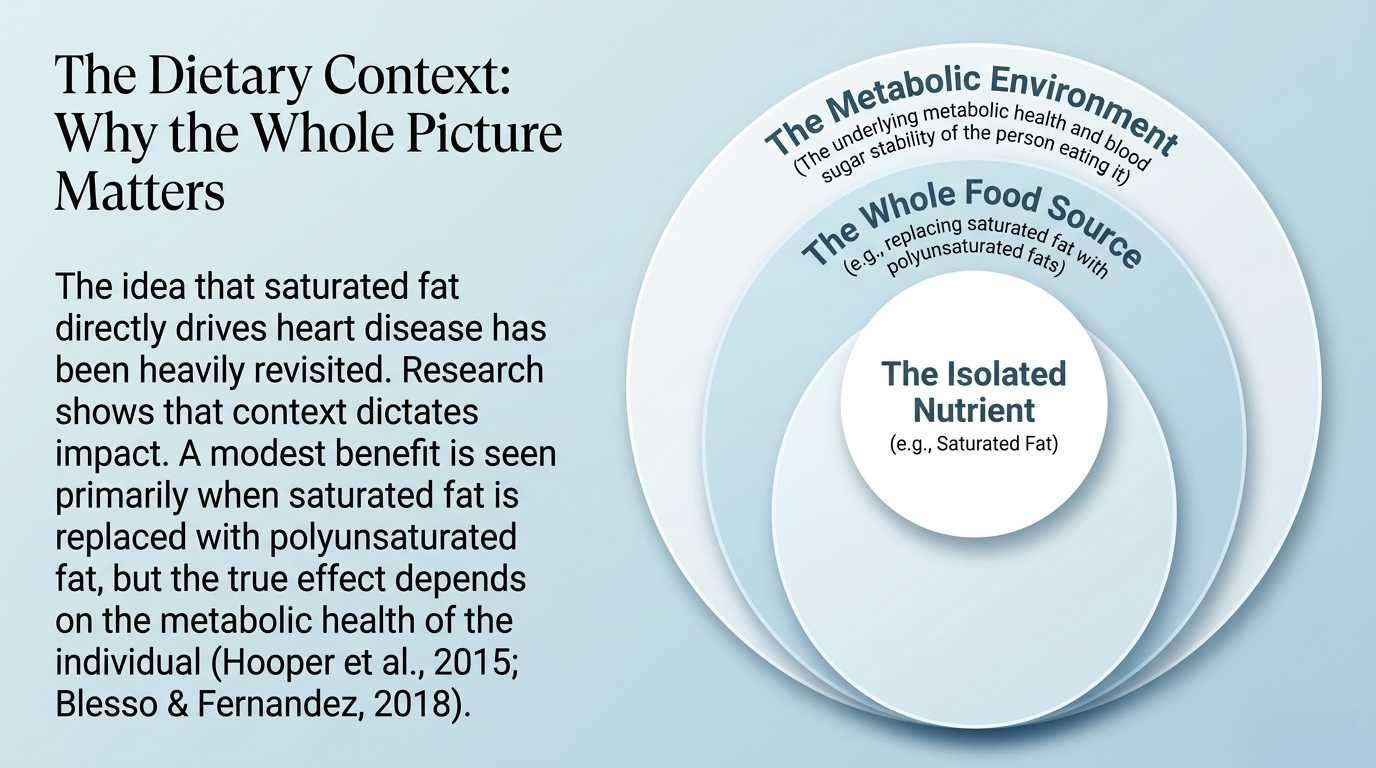 Dietary context diagram showing isolated nutrients versus whole food source and metabolic environment