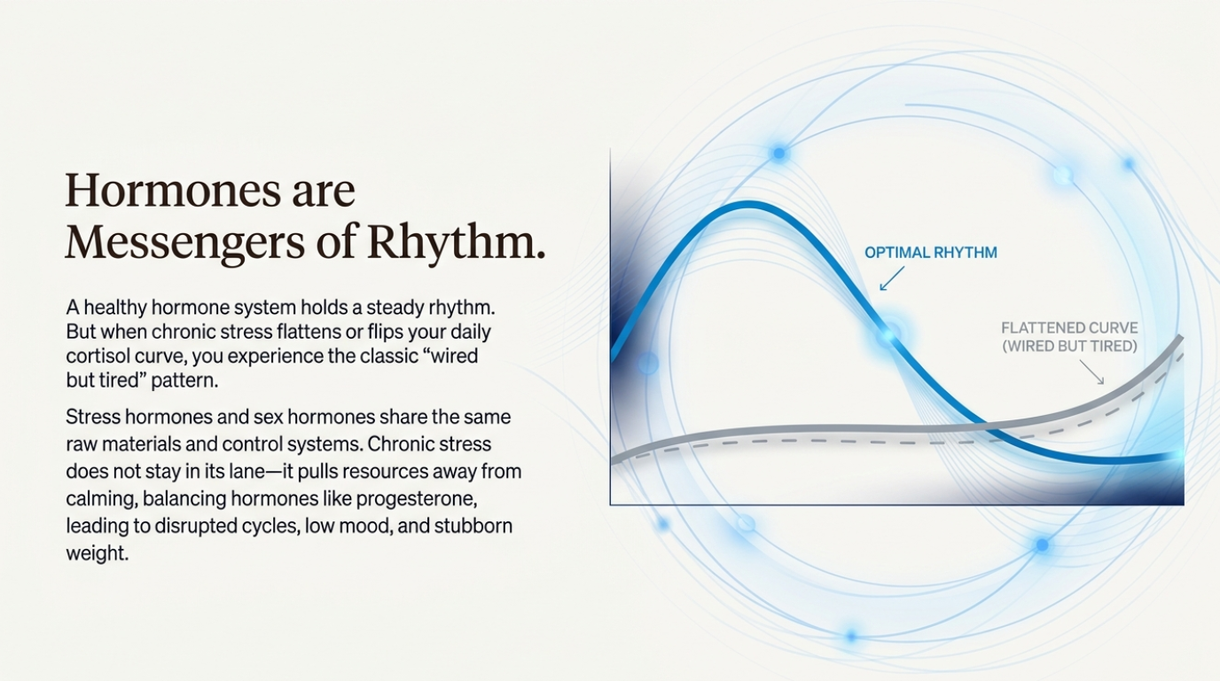 The cortisol curve showing optimal rhythm compared to a flattened wired but tired pattern