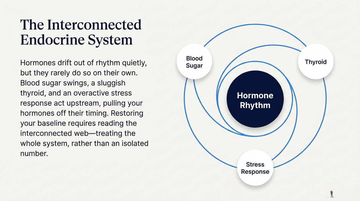 The interconnected endocrine system showing blood sugar, thyroid, and stress response pulling on hormone rhythm