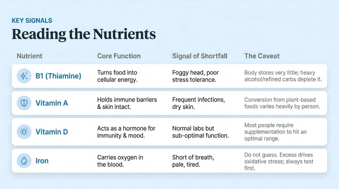Reading the nutrients: key signals for B1, Vitamin A, Vitamin D, and Iron