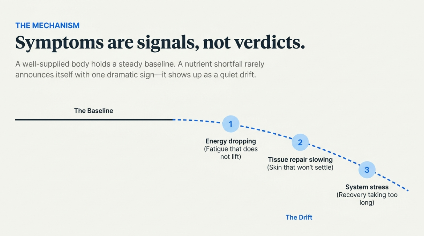 Symptoms are signals, not verdicts: a nutrient shortfall shows up as a quiet drift from baseline